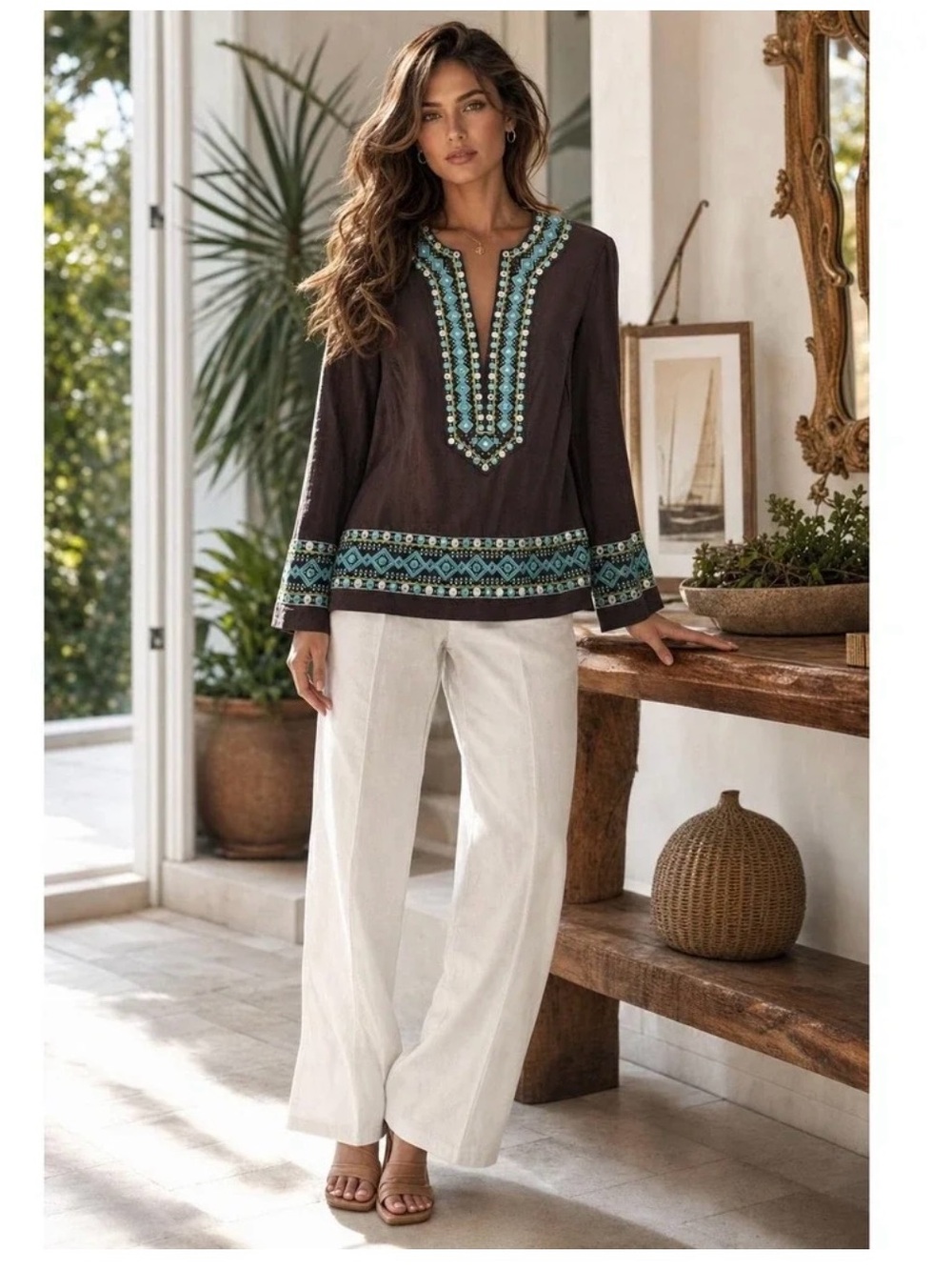 Tory Burch Tunic Women Brown Boho Coastal Festival Embroider size:4